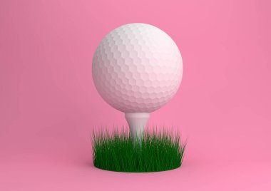 Beyaz tişörtlü golf topu ve pastel pembe arka planda izole edilmiş yeşil çimen. Asgari yaratıcı konsept. 3d resimleme