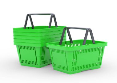 Beyaz arka planda yeşil boş alışveriş sepetleri. 3d resimleme