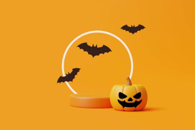 Ürün sergisi için podyumlu balkabağı ve turuncu arka planda yarasalar. Mutlu Cadılar Bayramı konsepti. Geleneksel Ekim tatili. 3d resimleme