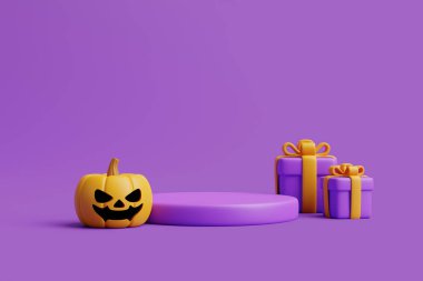 Mor arka planda ürün sergisi için podyumlu Cadılar Bayramı Jack-o-Lantern balkabaklı çizgi film hediye kutuları. Mutlu Cadılar Bayramı konsepti. Geleneksel Ekim tatili. 3d resimleme