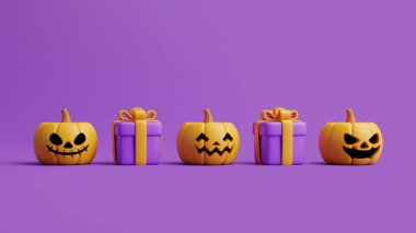 Mor arka planda Cadılar Bayramı balkabakları olan çizgi film hediye kutuları. Mutlu Cadılar Bayramı konsepti. Geleneksel Ekim tatili. 3d resimleme