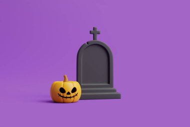 Mor arkaplanlı balkabağı Jack-o-Lantern. Mutlu Cadılar Bayramı konsepti. Geleneksel Ekim tatili. 3d resimleme