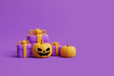 Mor arka planda Cadılar Bayramı balkabakları olan çizgi film hediye kutuları. Mutlu Cadılar Bayramı konsepti. Geleneksel Ekim tatili. 3d resimleme