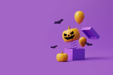 Yarasa ve balonlu balkabağı Jack-o-Lantern mor arka planda kutudan fırlıyor. Mutlu Cadılar Bayramı konsepti. Geleneksel Ekim tatili. 3d resimleme