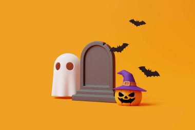 Hayalet, yarasa ve turuncu arka planda mezar olan cadı şapkası takan balkabağı Jack. Mutlu Cadılar Bayramı konsepti. Geleneksel Ekim tatili. 3d resimleme