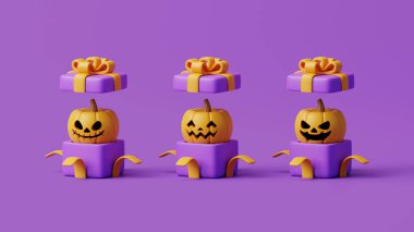 Mor arka planda Cadılar Bayramı Jack-o-Lantern balkabakları olan hediye kutularını açtım. Mutlu Cadılar Bayramı konsepti. Geleneksel Ekim tatili. 3d resimleme