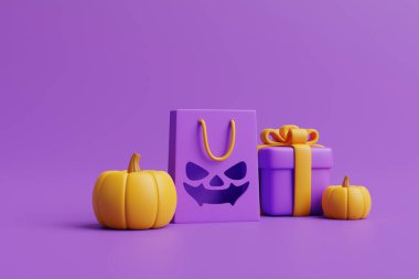 Jack-o-Lantern balkabakları, hediye kutusu ve mor arka planda alışveriş çantası. Mutlu Cadılar Bayramı konsepti. Geleneksel Ekim tatili. 3d resimleme