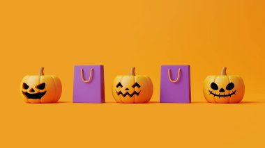 Turuncu arka planda Jack-o-Lantern balkabakları ve alışveriş torbaları. Mutlu Cadılar Bayramı konsepti. Geleneksel Ekim tatili. 3d resimleme