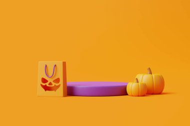 Jack-o-Lantern balkabakları, ürün sergisi için podyum ve turuncu arka planda alışveriş torbası. Mutlu Cadılar Bayramı konsepti. Geleneksel Ekim tatili. 3d resimleme