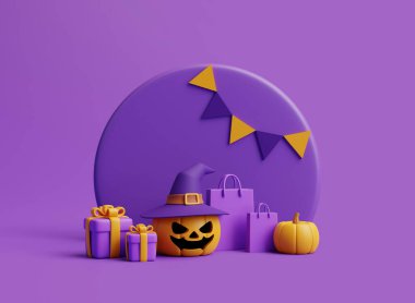 Cadı şapkası takan, alışveriş torbası takan ve mor arka planda pankart olan Cadılar Bayramı Jack-o-Lantern balkabaklı çizgi film hediye kutuları. Mutlu Cadılar Bayramı konsepti. Geleneksel Ekim tatili. 3d resimleme