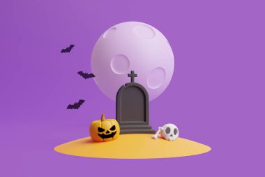 Kafatası, kemik, yarasalar ve mor arka planda ay altında mezarı olan balkabağı Jack-o-Lantern. Mutlu Cadılar Bayramı konsepti. Geleneksel Ekim tatili. 3d resimleme