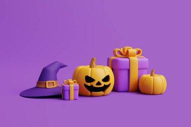 Mor arka planda cadı şapkası takan Cadılar Bayramı Jack-o-Lantern balkabaklarıyla çizgi film hediye kutuları. Mutlu Cadılar Bayramı konsepti. Geleneksel Ekim tatili. 3d resimleme