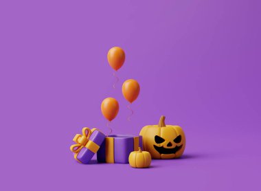 İçinde balonlar ve mor arka planda Cadılar Bayramı balkabakları olan hediye paketi. Mutlu Cadılar Bayramı konsepti. Geleneksel Ekim tatili. 3d resimleme