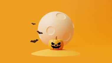 Balkabağı Jack-o-Lantern balkabağı ve turuncu arka planda ay altında yarasalar. Mutlu Cadılar Bayramı konsepti. Geleneksel Ekim tatili. 3d resimleme