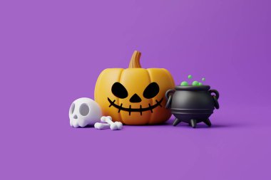 Mor arka planda kafatası, kemik ve kazanı olan balkabağı Jack-o-Lantern. Mutlu Cadılar Bayramı konsepti. Geleneksel Ekim tatili. 3d resimleme