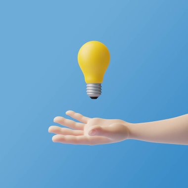 Çizgi filmdeki el mavi arka planda havada süzülen bir ampul tutuyor. 3d resimleme