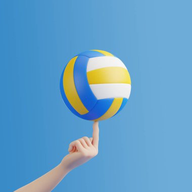 Mavi arka planda voleybol topunu tutan çizgi film karakteri. 3B resimleme