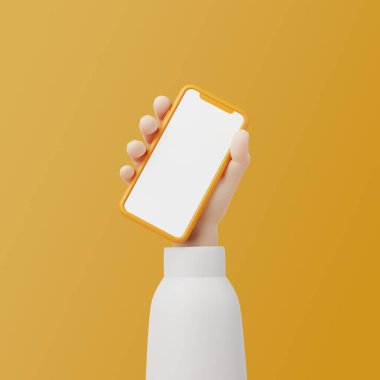Sarı arka planda boş ekranlı akıllı telefonu tutan çizgi film karakteri. 3B resimleme