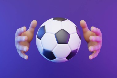 Çizgi filmdeki eller mor arka planda futbol topu yakalıyor. 3d resimleme