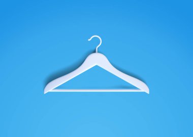 Fotokopi alanı olan mavi bir arka planda beyaz askı. Üst Manzara. 3B görüntüleme