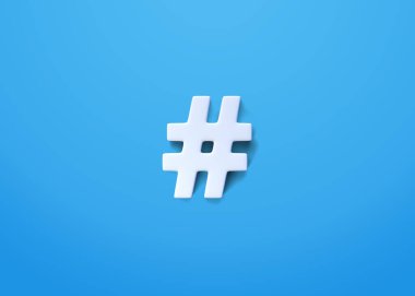 Mavi arka planda beyaz hashtag sembolü. Asgari yaratıcı konsept. Üst Manzara. 3d resimleme