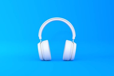 Mavi arka planda kablosuz kulaklık. Ön manzara. 3d resimleme