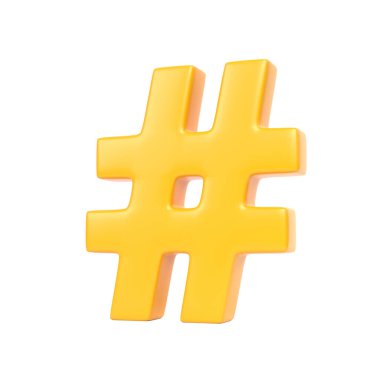 Beyaz arka planda izole edilmiş sarı hashtag sembolü. 3d resimleme