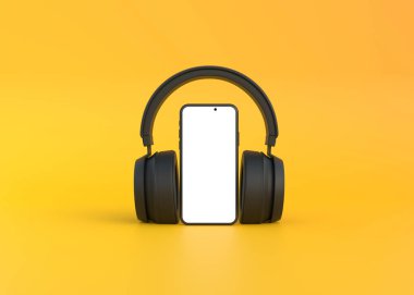 Sarı arka planda akıllı telefonları olan kablosuz kulaklıklar. Çevrimiçi müzik, radyo, podcastler, kitaplar. 3d resimleme