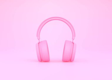 Pembe arka planda kablosuz kulaklık. Ön manzara. 3d resimleme
