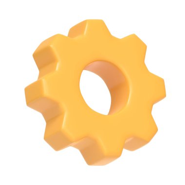 Sarı dişli simgesi beyaz arkaplanda izole edildi. 3 boyutlu simge, imza ve sembol. Çizgi film tarzı asgari. 3B Resim Hazırlama