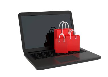 Laptop bilgisayarı üzerinden alışveriş torbası, beyaz arka planda izole edilmiş. Çevrimiçi alışveriş ve reklam konsepti. 3d resimleme