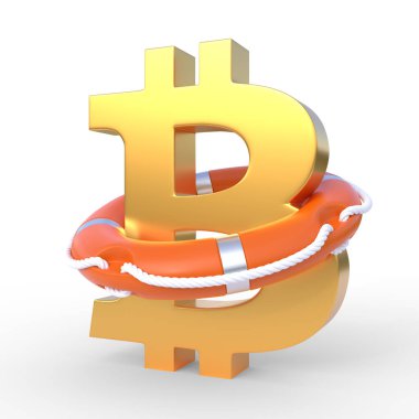 Yaşam şamandırasının içindeki altın bitcoin işareti beyaz arka planda izole edilmiş. Ekonomi, kriz, finans, iş, yardım kavramı. 3d resimleme