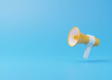 Hoparlör ve Megafon anonsu mavi arkaplanda fotokopi alanı ile birlikte. Bize katılma fikri, iş boşluğu ve duyuru. Çizgi film tasarımı. 3 Boyutlu resimleme