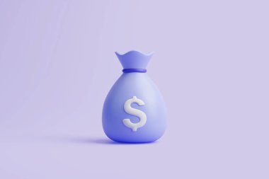 Mor pastel arka planda beyaz dolar işareti olan mor para çantası ikonu. Minimalist çizgi film tarzı. İş, mali yatırım ya da tasarruf kavramı. 3d resimleme