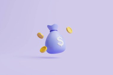 Money bag with white dollar sign and  gold coins on purple pastel background. Minimalist cartoon style. Concept of business, financial investment or savings. 3d render illustration clipart