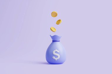 Üzerinde beyaz dolar işareti ve pembe mor arka planda altın sikkeler olan para çantası. Minimalist çizgi film tarzı. İş, mali yatırım ya da tasarruf kavramı. 3d resimleme