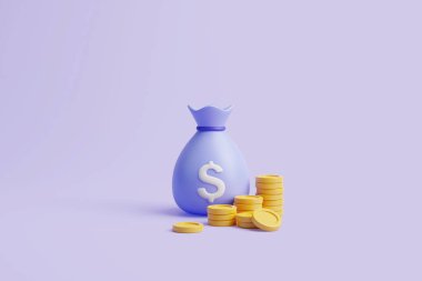 Beyaz dolar işaretli para çantası ve mor pastel arka planda altın sikkeler. Minimalist çizgi film tarzı. İş, mali yatırım ya da tasarruf kavramı. 3d resimleme