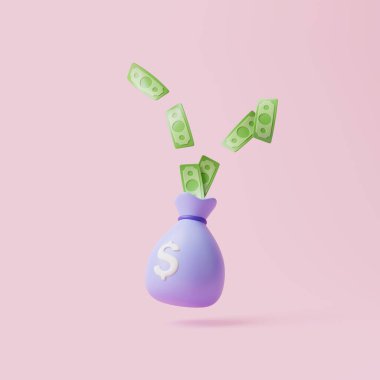 Üzerinde beyaz dolar işareti ve pembe pastel arka planda yeşil banknotlar olan para çantası. Minimalist çizgi film tarzı. İş, mali yatırım ya da tasarruf kavramı. 3d resimleme