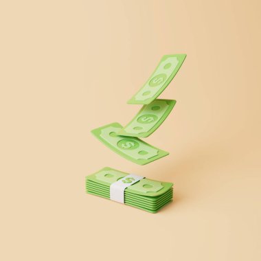 Bej arka planda yüzen para desteleri ve banknotlar. Amerikan doları. Para ve ödeme konsepti. Minimalist 3d görüntüleme