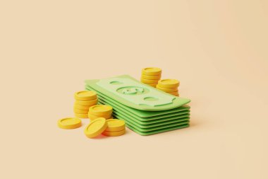 Bej arka planda altın paralarla dolu bir tomar banknot. Para ve ödeme konsepti. Basit 3d görüntüleme