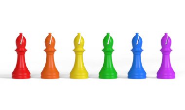 Çok renkli piskoposlar. Satranç taşları. Beyaz arkaplanda izole edilmiş gurur bayrağı renkleri. 3d resimleme