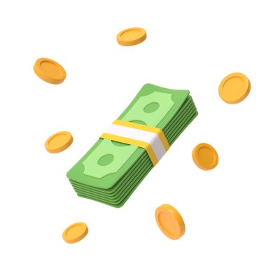 Beyaz arka planda altın sikkeler olan bir tomar para. Amerikan doları. Para ve ödeme konsepti. Minimalist 3d görüntüleme