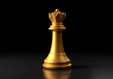 Altın kraliçe satranç, siyah arka planda duruyor. Satranç figürü. Lider başarı iş konsepti. Satranç taşları. Masa oyunları. Strateji oyunları. 3d illüstrasyon, 3d canlandırma