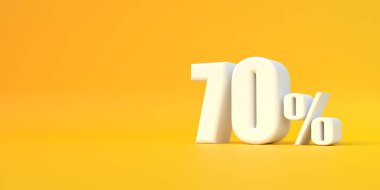 Sarı arka planda% 70 'lik parlak beyaz bir işaret var. İndirimde% 70 indirim. 3d resimleme