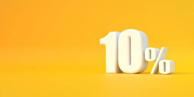 Sarı arka planda parlak beyaz% 10 işareti var. İndirimde% 10 indirim. 3d resimleme