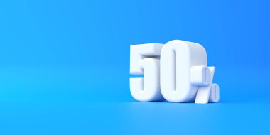 Mavi arka planda% 50 'lik parlak beyaz tabela. İndirimde% 50 indirim. 3d resimleme