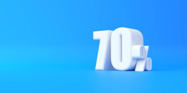 Mavi arka planda parlak beyaz% 70 işareti var. İndirimde% 70 indirim. 3d resimleme