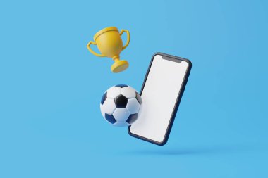 Beyaz ekranlı cep telefonu, futbol topu ve altın bardak fotokopi alanı ile mavi arka planda uçuyor. Çevrimiçi bahis konsepti, bahisçi. 3d resimleme