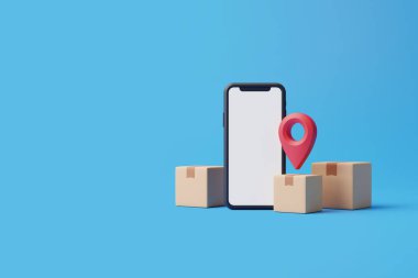 Beyaz ekranlı telefon, mavi arka planda bir yığın kutu ve kırmızı harita işaretleyici. Çevrimiçi teslimat kavramı. 3d resimleme