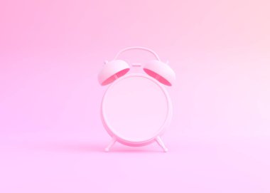 Pembe masa alarmlı saat, parlak pembe arka planda, pastel renklerde. Asgari yaratıcı konsept. 3d resimleme
